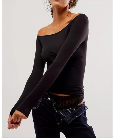 Y2k Skinny Off Shoulder Long Sleeve Shirts for Women Sexy Going Out Slim Crop Top Solid Streetwear Tees 05-slim Fit Black $7....