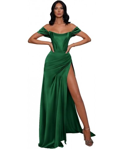 Women's Off The Shoulder Prom Dresses with Slit Ruched Long Satin Formal Evening Dress Emerald Green $42.39 Dresses