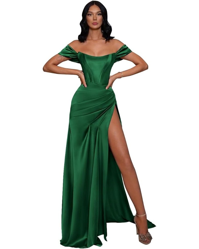 Women's Off The Shoulder Prom Dresses with Slit Ruched Long Satin Formal Evening Dress Emerald Green $42.39 Dresses