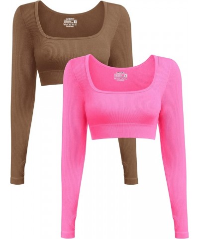 Women's Long Sleeve Crop Top Ribbed Seamless Workout Exercise Top 2 Pack Pink+coffee $14.99 Activewear