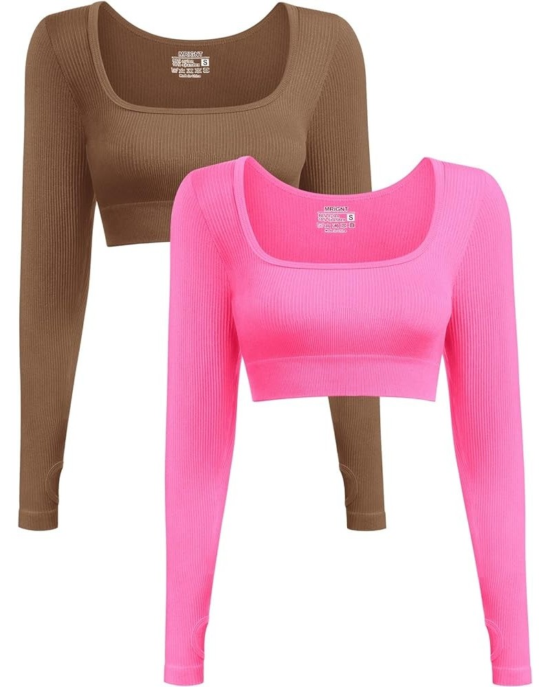 Women's Long Sleeve Crop Top Ribbed Seamless Workout Exercise Top 2 Pack Pink+coffee $14.99 Activewear