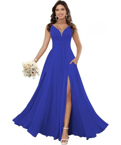 Women's V Neck Bridesmaid Dresses for Women Chiffon Ruched Formal Evening Dress with Silt PU119 Royal Blue $34.10 Dresses