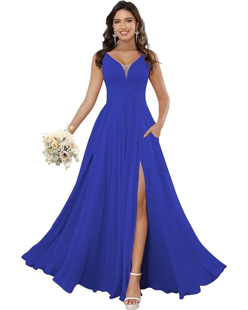 Women's V Neck Bridesmaid Dresses for Women Chiffon Ruched Formal Evening Dress with Silt PU119 Royal Blue $34.10 Dresses