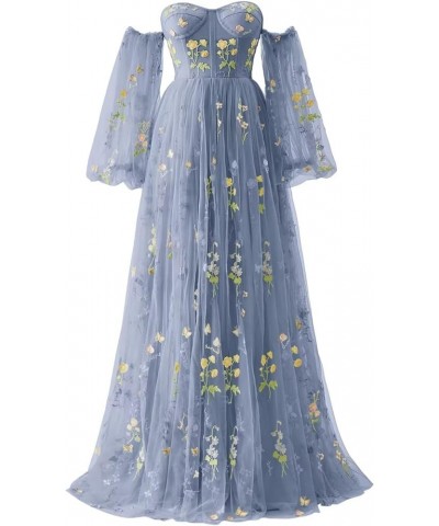 Women's Flower Embroidery Tulle Prom Dresses 2024 Off Shoulder Long Formal Evening Party Gowns 2-dusty Blue $40.49 Dresses