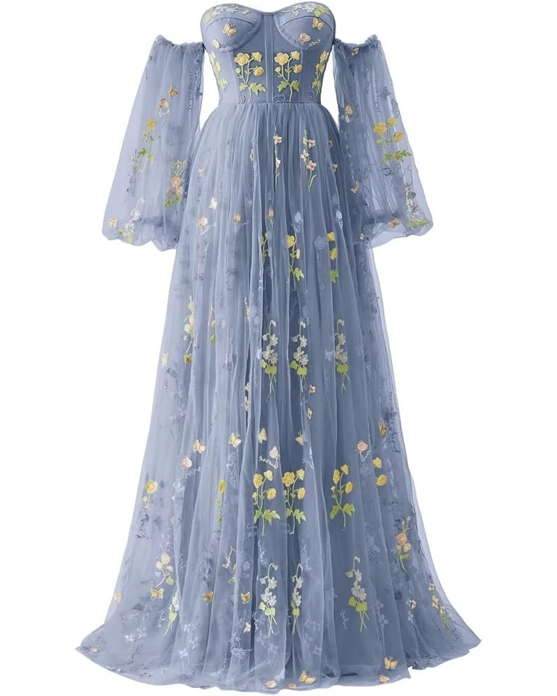 Women's Flower Embroidery Tulle Prom Dresses 2024 Off Shoulder Long Formal Evening Party Gowns 2-dusty Blue $40.49 Dresses