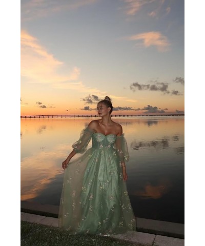 Women's Flower Embroidery Tulle Prom Dresses 2024 Off Shoulder Long Formal Evening Party Gowns 2-dusty Blue $40.49 Dresses