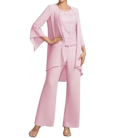 3 Pieces Mother of The Bride Pant Suits for Wedding Lace Appliques Outfit Sets with Jacket Pink $26.20 Suits