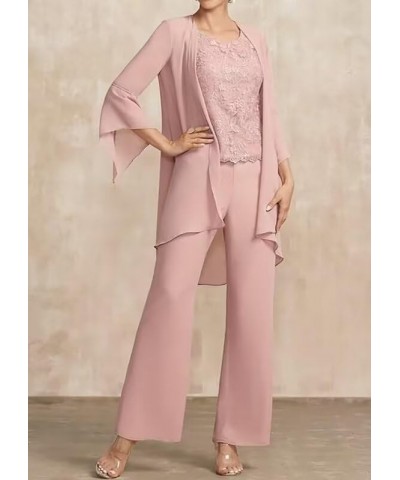 3 Pieces Mother of The Bride Pant Suits for Wedding Lace Appliques Outfit Sets with Jacket Pink $26.20 Suits