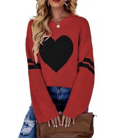 Women Heart Print Sweater Long Sleeve Pullover O-Neck Knitted Blouse Shirt Casual Loose Sweatshirt R-red $17.10 Sweaters