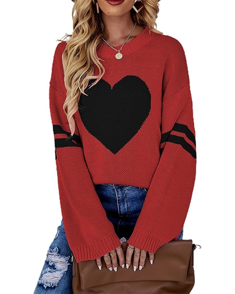 Women Heart Print Sweater Long Sleeve Pullover O-Neck Knitted Blouse Shirt Casual Loose Sweatshirt R-red $17.10 Sweaters