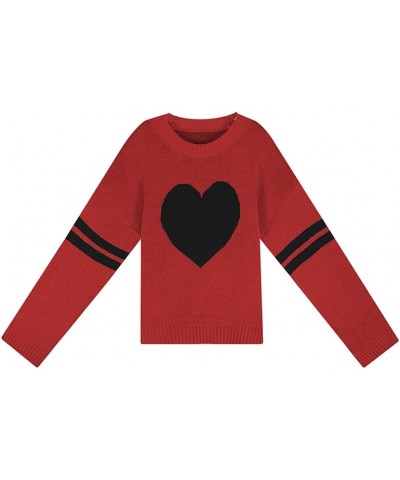 Women Heart Print Sweater Long Sleeve Pullover O-Neck Knitted Blouse Shirt Casual Loose Sweatshirt R-red $17.10 Sweaters