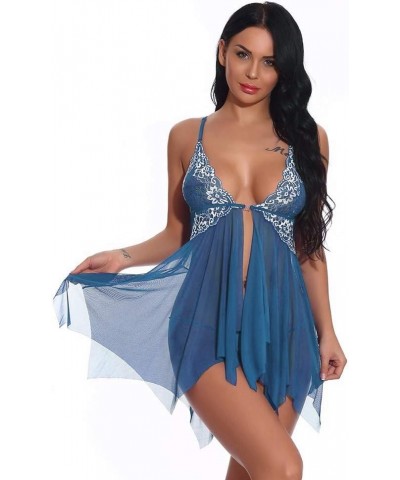 Women Lace Lingerie Front Closure Babydoll Nightgown V Neck Sexy Thong Chemise Nightie Exotic Lingerie Nightwear Blue $2.92 L...