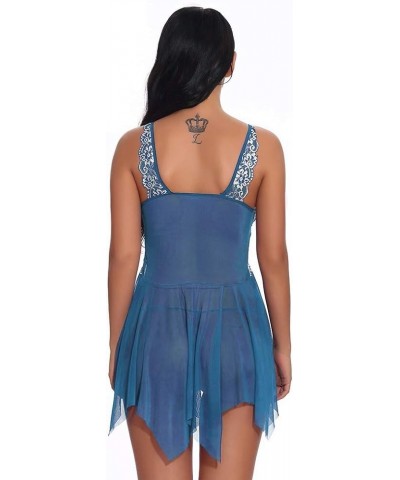 Women Lace Lingerie Front Closure Babydoll Nightgown V Neck Sexy Thong Chemise Nightie Exotic Lingerie Nightwear Blue $2.92 L...