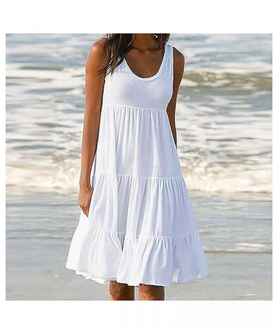 Women's Casual Cocktail Dresses Summer Round Neck Solid Color Splicing Big Swing Beach Dress Casual Dresses White $11.48 Dresses