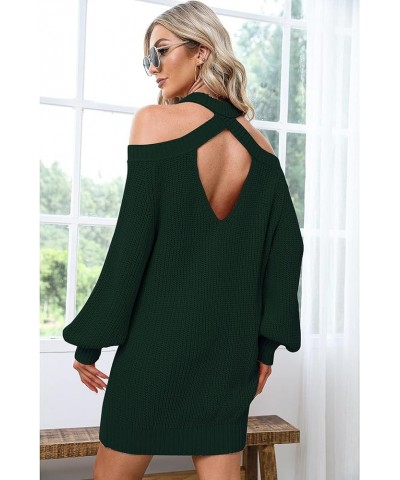 Women's Off Shoulder Halterneck Long Bell Sleeve Pullover Cold Shoulder Backless Cute Mini Sweater Dress Dark Green $19.35 Dr...