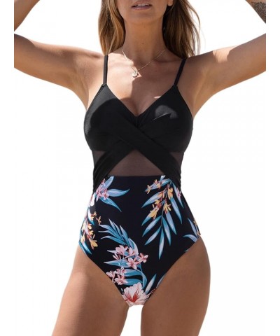 Women V Neck One Piece Swimsuit Wrapped Mesh Tummy Control Bathing Suit with Adjustable Spaghetti Straps Black/Floral $25.19 ...