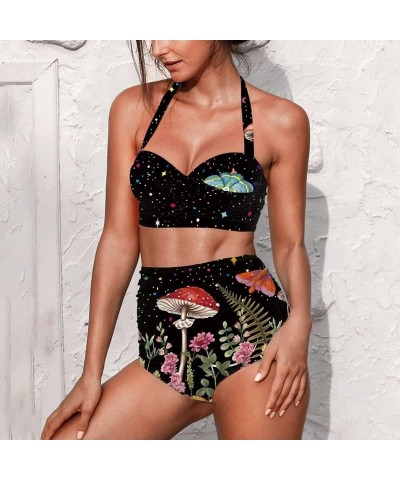 Butterfly Women's Retro Ruched Ruffle High Waist Bikini Set, Flag Tankini Swimsuits Tummy Control Swimwear Mushroon Butterfly...