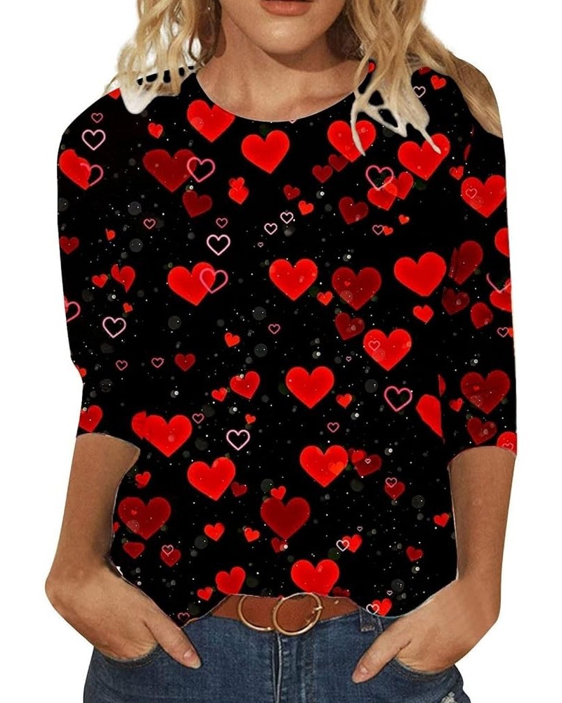 Valentine's Day Women's Tops Crewneck Casual 3/4 Length Sleeve Tshirt Love Heart Printed Loose Fit Blouse Tops 05-red $7.78 T...