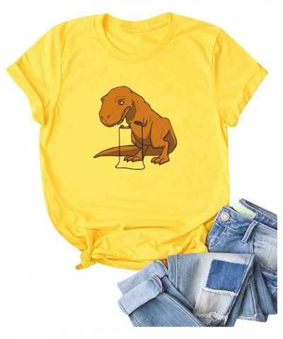 Dinosaur Top for Women Crewneck Tee Funny Cartoon Dinosaur Printed Plus Dinosaur T Shirt Short Sleeve Summer Cute Tops C-yell...