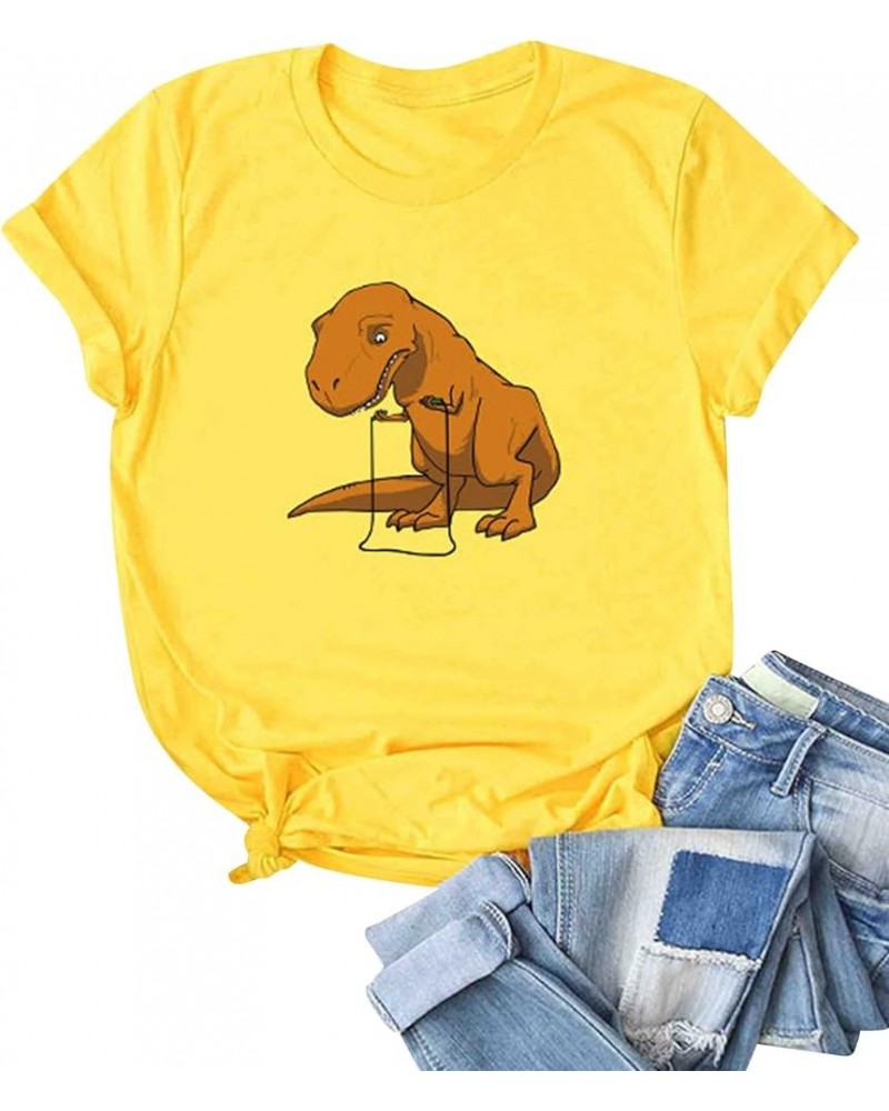 Dinosaur Top for Women Crewneck Tee Funny Cartoon Dinosaur Printed Plus Dinosaur T Shirt Short Sleeve Summer Cute Tops C-yell...