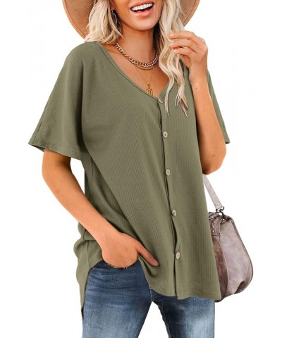 Women's Shirts V Neck Short/Long Sleeve Waffle Knit Button Up Tunic Tops Blouse Olive Green $16.46 Tops