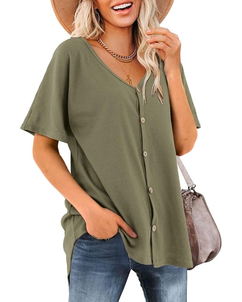 Women's Shirts V Neck Short/Long Sleeve Waffle Knit Button Up Tunic Tops Blouse Olive Green $16.46 Tops