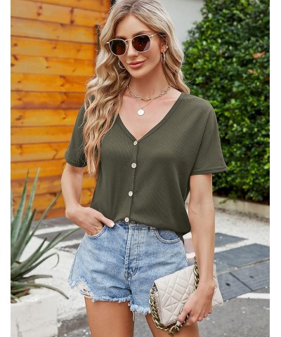 Women's Shirts V Neck Short/Long Sleeve Waffle Knit Button Up Tunic Tops Blouse Olive Green $16.46 Tops