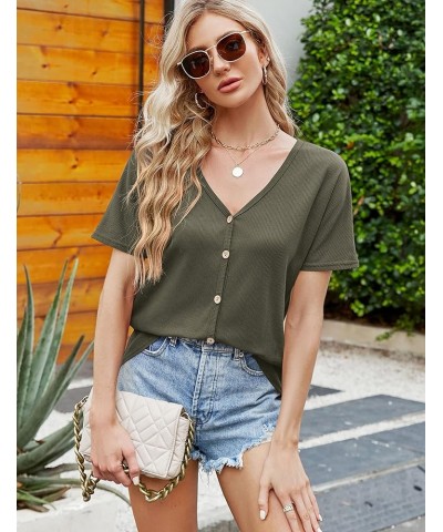 Women's Shirts V Neck Short/Long Sleeve Waffle Knit Button Up Tunic Tops Blouse Olive Green $16.46 Tops