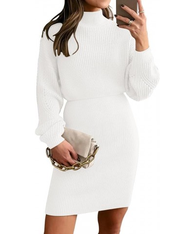 Women's Mock Neck Trendy Lantern Sleeve 2023 Ribbed Knit Bodycon Pullover Sweater Dress White $28.59 Sweaters