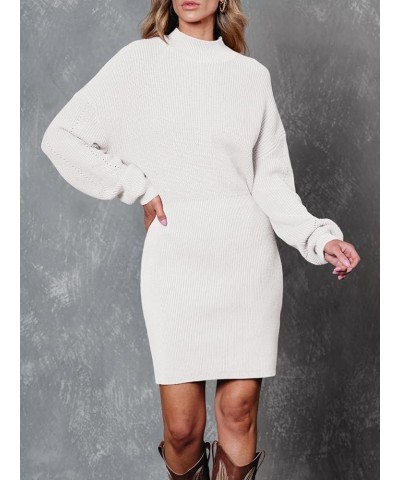 Women's Mock Neck Trendy Lantern Sleeve 2023 Ribbed Knit Bodycon Pullover Sweater Dress White $28.59 Sweaters