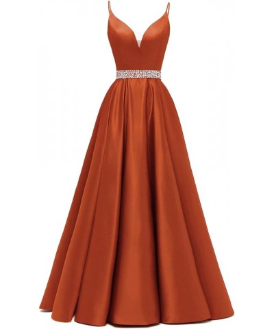 Spaghetti Straps Prom Dress Long Satin Beaded V-Neck Formal Evening Party Ball Gowns with Pockets Burnt Orange $45.60 Dresses