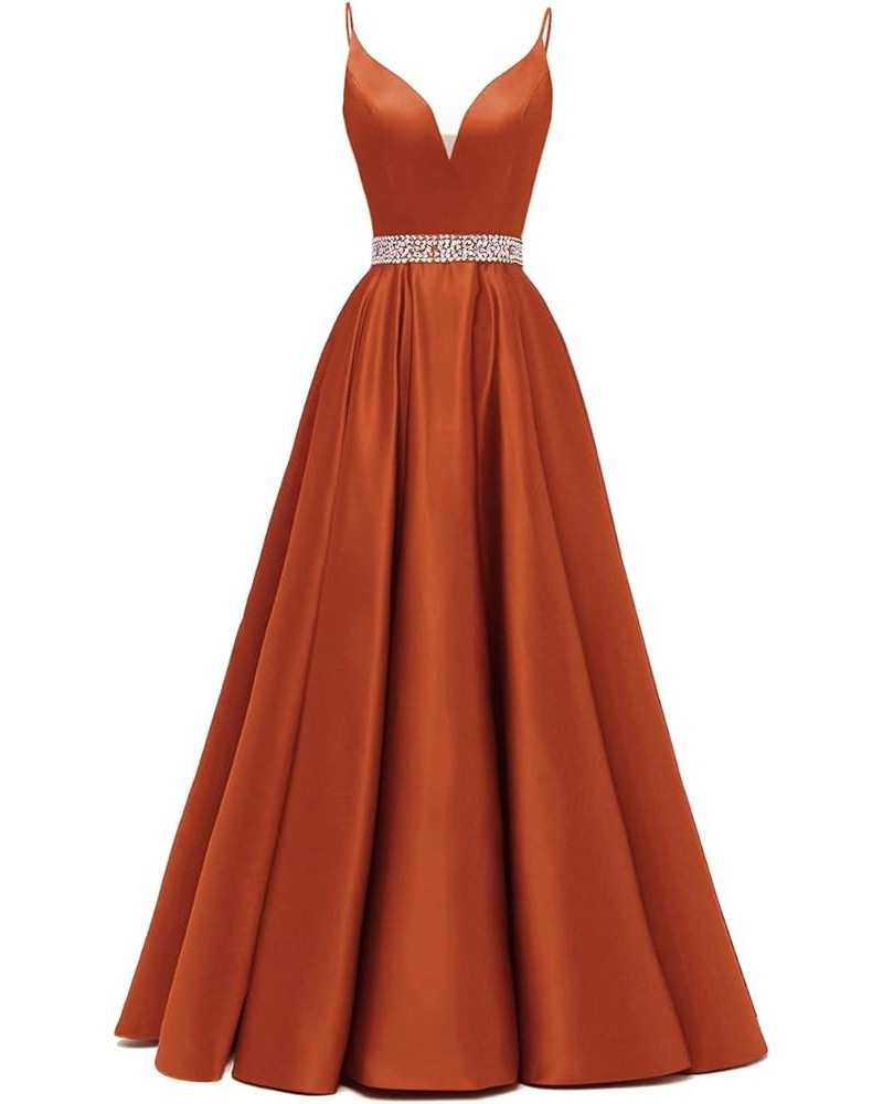 Spaghetti Straps Prom Dress Long Satin Beaded V-Neck Formal Evening Party Ball Gowns with Pockets Burnt Orange $45.60 Dresses