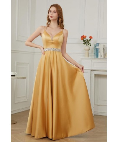 Spaghetti Straps Prom Dress Long Satin Beaded V-Neck Formal Evening Party Ball Gowns with Pockets Burnt Orange $45.60 Dresses