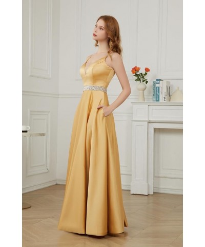 Spaghetti Straps Prom Dress Long Satin Beaded V-Neck Formal Evening Party Ball Gowns with Pockets Burnt Orange $45.60 Dresses