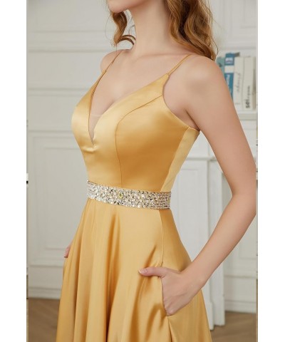 Spaghetti Straps Prom Dress Long Satin Beaded V-Neck Formal Evening Party Ball Gowns with Pockets Burnt Orange $45.60 Dresses