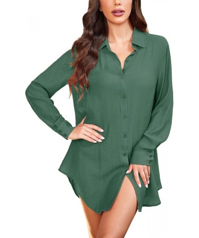 Sleep Shirts for Women Button Down Sleep Dress Nightgowns Sheer Long Sleeve Boyfriend Nightshirt Evergreen $13.24 Sleep & Lounge