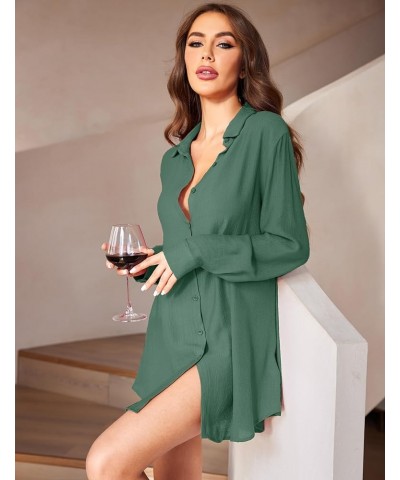 Sleep Shirts for Women Button Down Sleep Dress Nightgowns Sheer Long Sleeve Boyfriend Nightshirt Evergreen $13.24 Sleep & Lounge