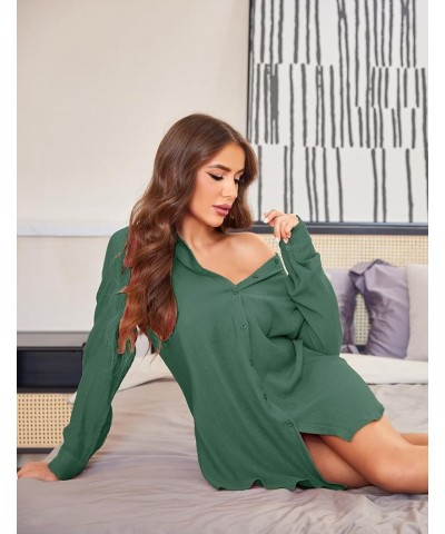 Sleep Shirts for Women Button Down Sleep Dress Nightgowns Sheer Long Sleeve Boyfriend Nightshirt Evergreen $13.24 Sleep & Lounge