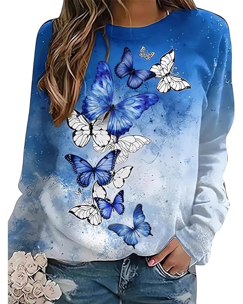 Women's Flower Butterfly Print Sweatshirt Casual 3D Print Oversized Long Sleeve Crewneck Pullover Tops Blouse Shirts Sky Blue...