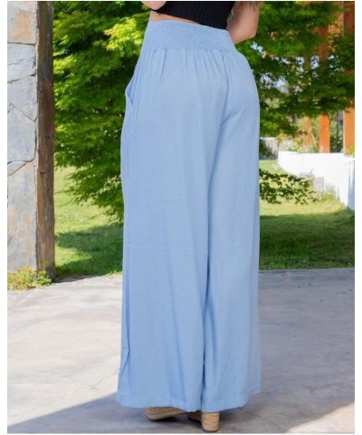 Linen Wide Leg Palazzo Pants for Women Smocked High Waisted Loose Fit Flowy Pants Casual Summer Lounge Trousers with Pockets ...