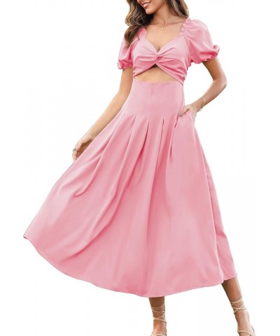 Womens Wedding Guest Dresses Short Puffy Sleeve Midi Dresses with Pockets Pink $23.84 Dresses