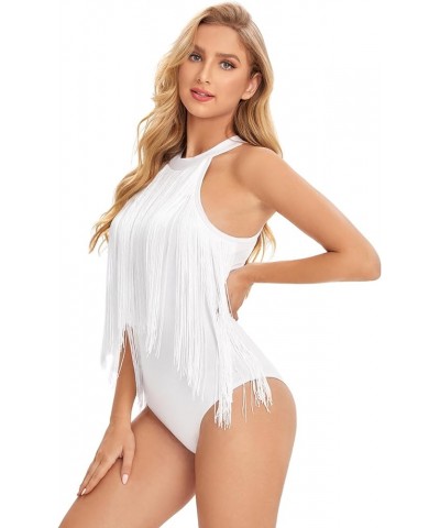 Women's Fringe Trim Sleeveless Bodycon Halter Bodysuit Top Solid White $11.75 Bodysuits