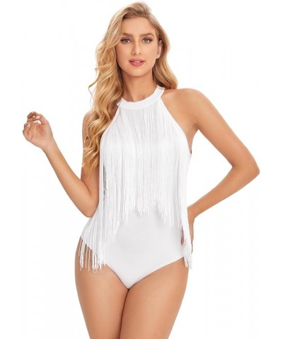 Women's Fringe Trim Sleeveless Bodycon Halter Bodysuit Top Solid White $11.75 Bodysuits