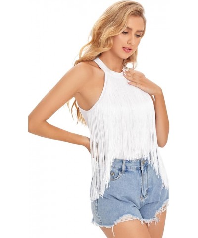 Women's Fringe Trim Sleeveless Bodycon Halter Bodysuit Top Solid White $11.75 Bodysuits