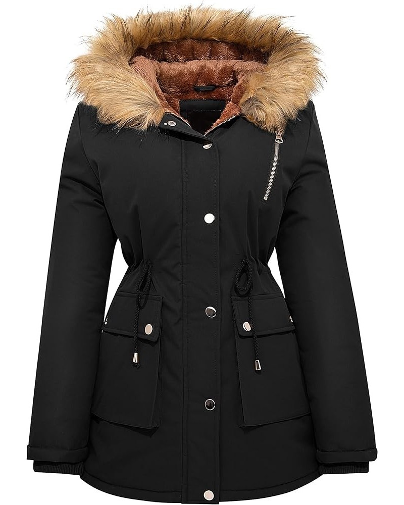 Womens Winter Water-reprllent Coat Thicken Puffer Jacket Warm Fleece Lined Parka With Fur Hood Coat Black $33.19 Jackets