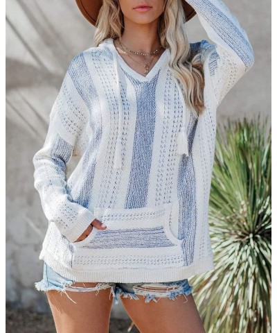 Women Boho Sweater Hooded Hoodie Baja Colorblock Pullover Striped V Neck Mexican Knit Christmas Sweatshirt B-navy $19.35 Swea...