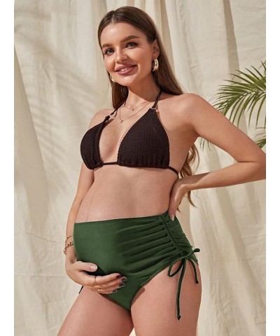 Women's Maternity Swimsuit Bottom Ruched Drawstring Side High Waist Bikini Briefs Panty Dark Green $10.50 Swimsuits