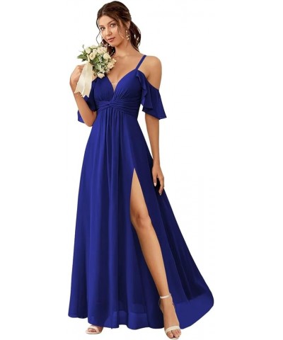 Off The Shoulder Bridesmaid Dresses for Women with Slit A Line Chiffon Long Formal Party Dress with Pockets DE01 Royal Blue $...