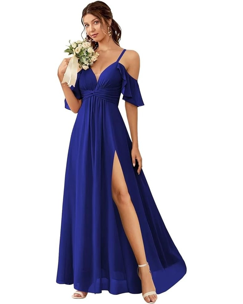 Off The Shoulder Bridesmaid Dresses for Women with Slit A Line Chiffon Long Formal Party Dress with Pockets DE01 Royal Blue $...