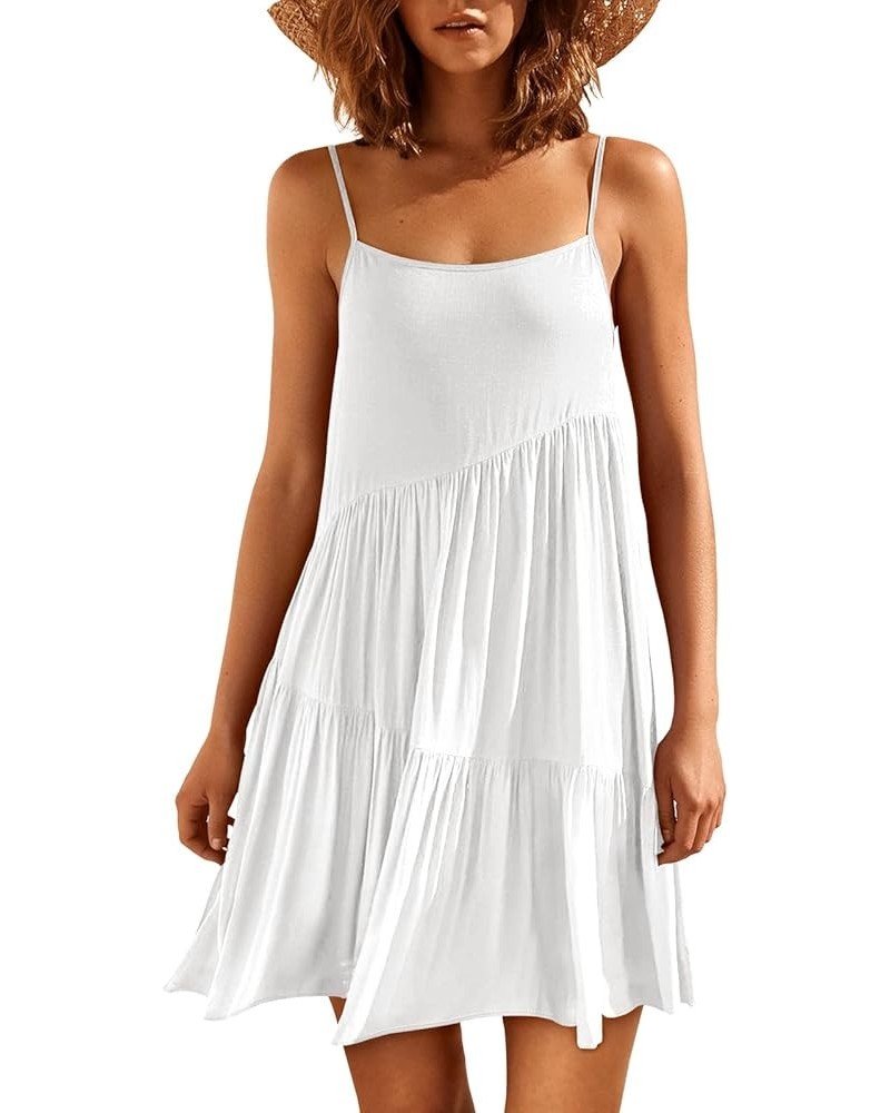 Women's Summer Casual Dress Adjustable Spaghetti Strap Beach Cover Up Tank Mini Dresses White $13.49 Swimsuits